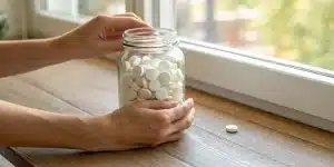Hands holding a jar of 60mg 7OH tablets.