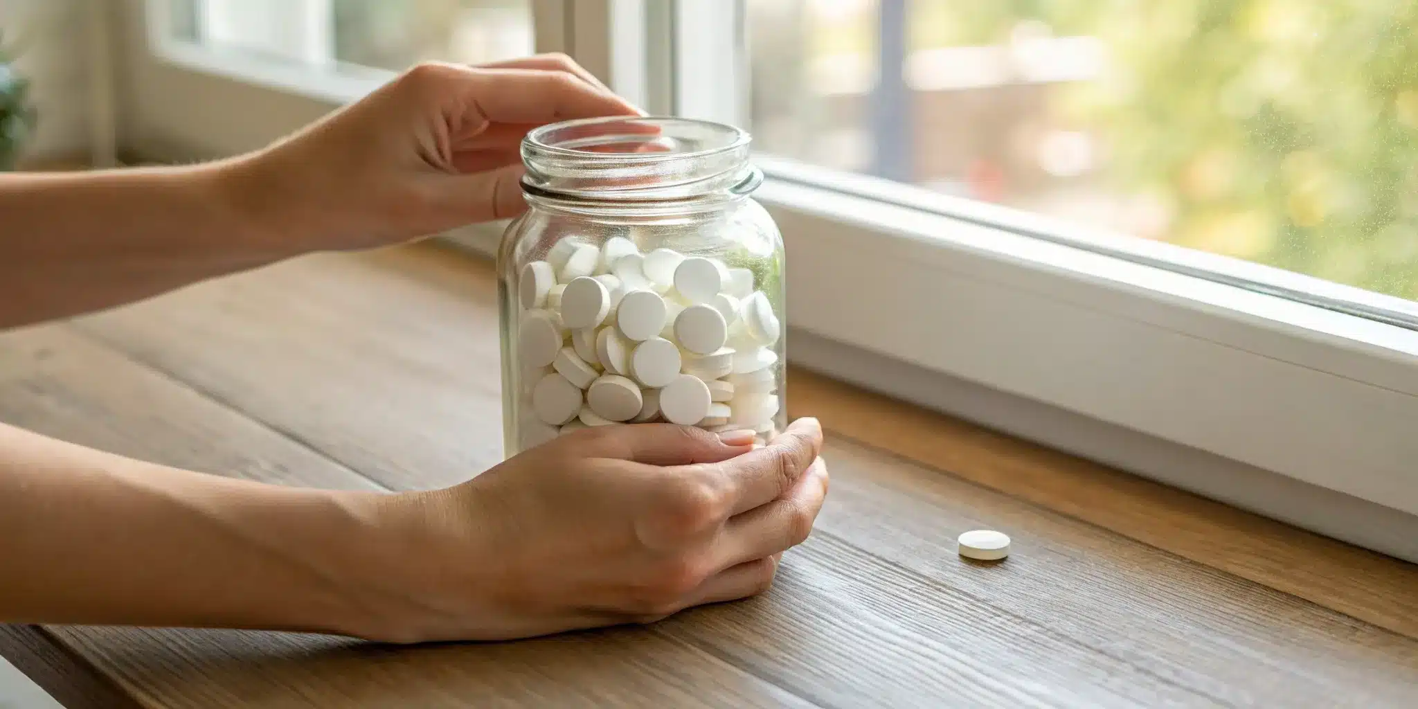 Hands holding a jar of 60mg 7OH tablets.