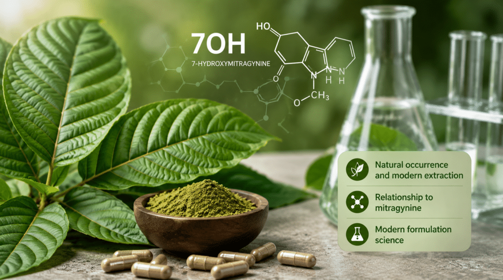 Kratom leaves with a bowl of green powder and capsules, overlaid with a chemical diagram and lab glassware, highlighting natural extraction and mitragynine research
