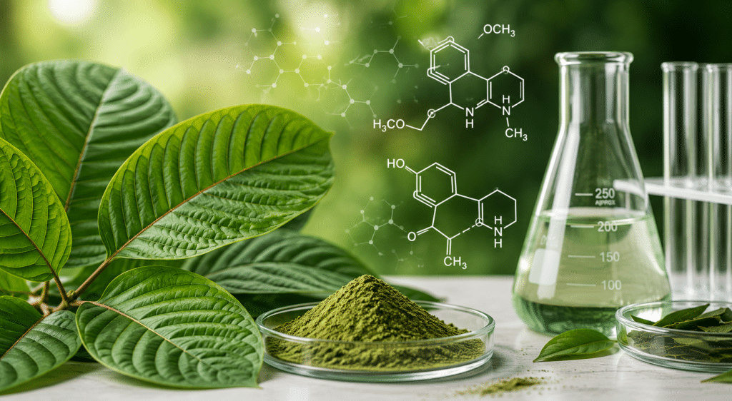 Herbal extraction research scene with green leaves, a mound of green powder, and lab glassware with chemical diagrams overlaying the image.